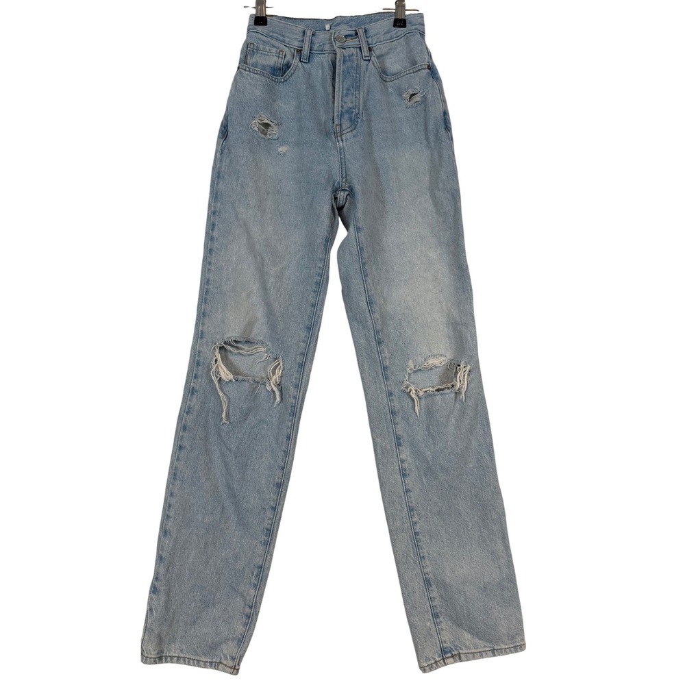 PacSun Womens High Rise Straight Leg Distressed Jeans Light Wash Blue Retro